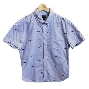 J Crew  Short Sleeve Blue Striped Whale‎ Embroidered Button Down Shirt Size Med